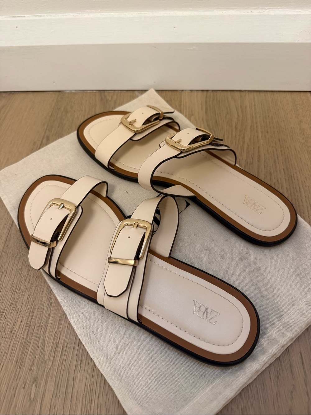 Zara Buckle Slide Sandals in Cream